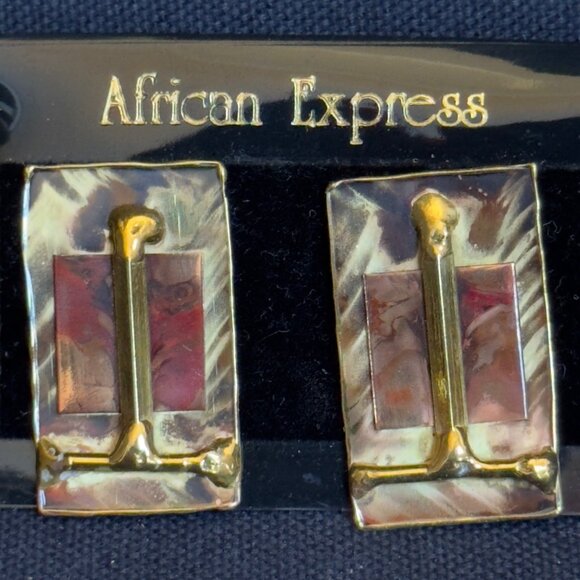 African Express Rectangular Gold-Tone & Marbled Clip-On Earrings Made In South A - Picture 1 of 10
